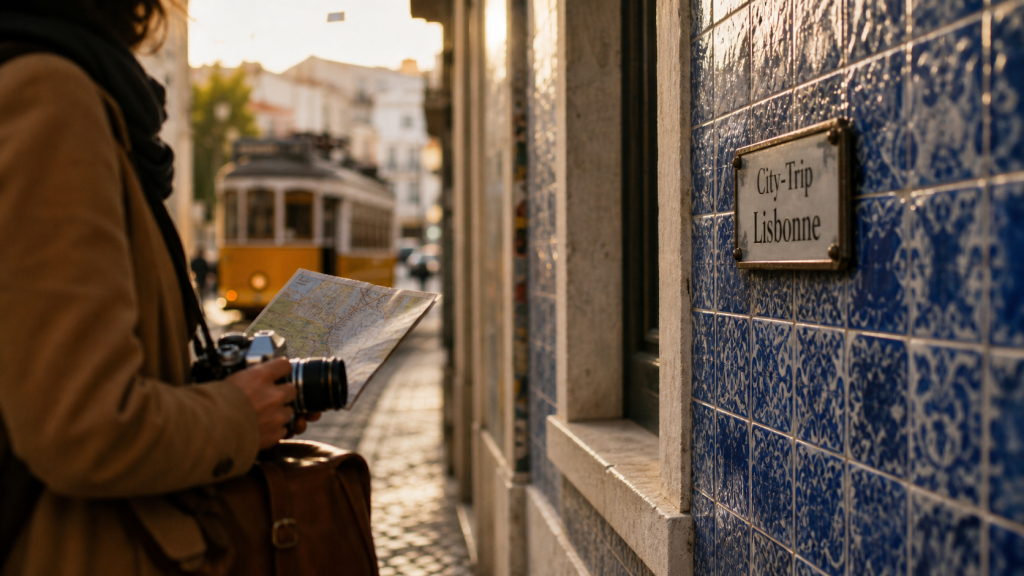 Ville Europe : Lisbonne city-trip, rue pavée et tramway jaune