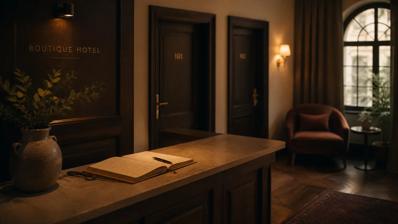 Boutique hotel def : réception en bois sombre, design unique et service personnalisé