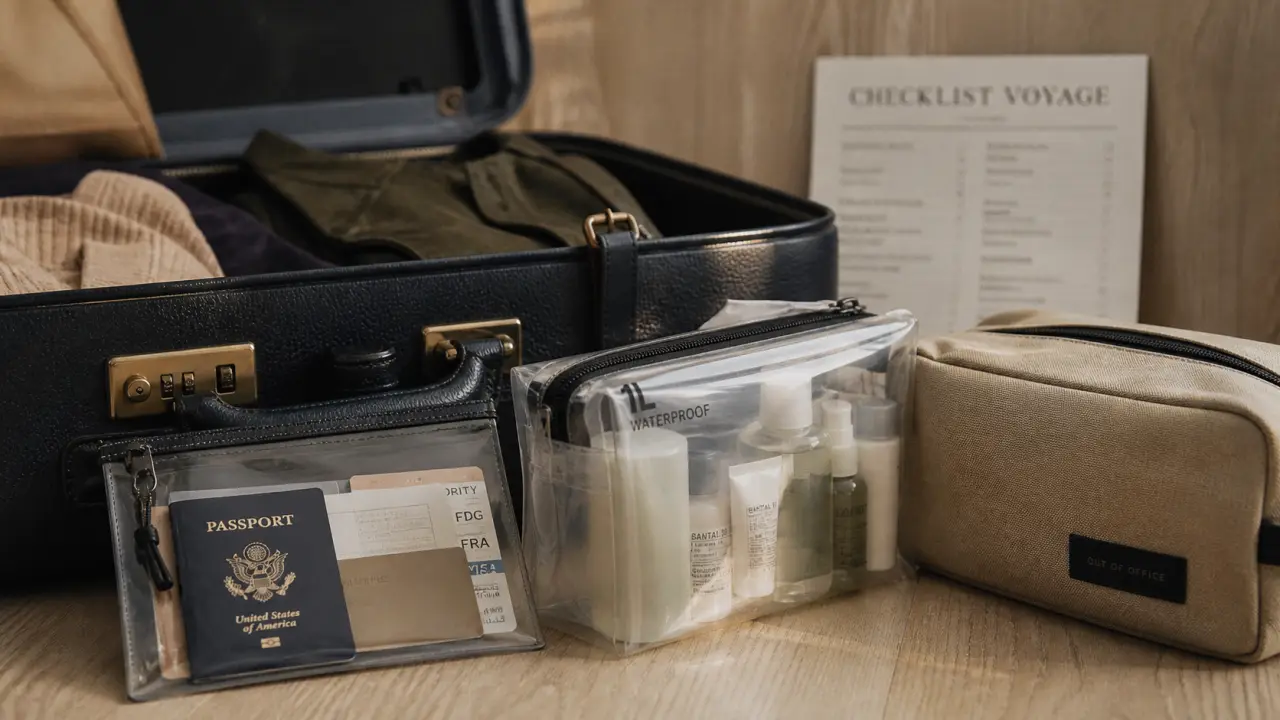 Checklist voyage : documents et pochettes dans une valise cabine