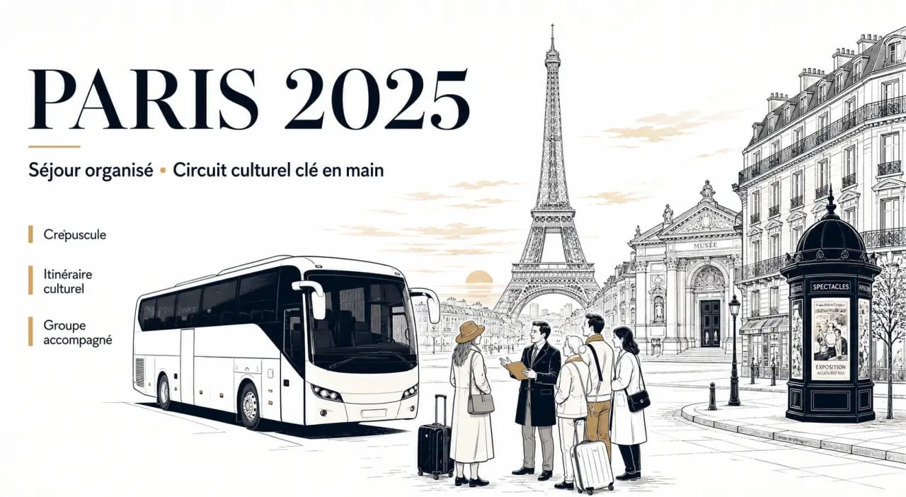 Voyage organisé Paris 2025 avec vue sur la Tour Eiffel et un groupe de voyageurs