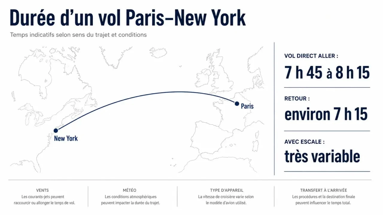 Infographie sur la duree vol paris new york entre vol direct, retour plus court et vol avec escale