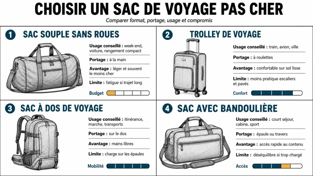Comparatif des formats de sac de voyage pas cher selon l’usage et le portage