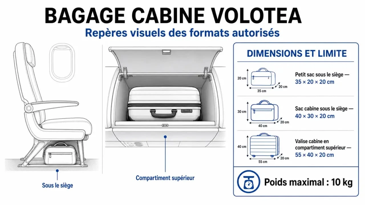 Volotea dimension bagage cabine : visuel des dimensions, du poids et des options d’embarquement