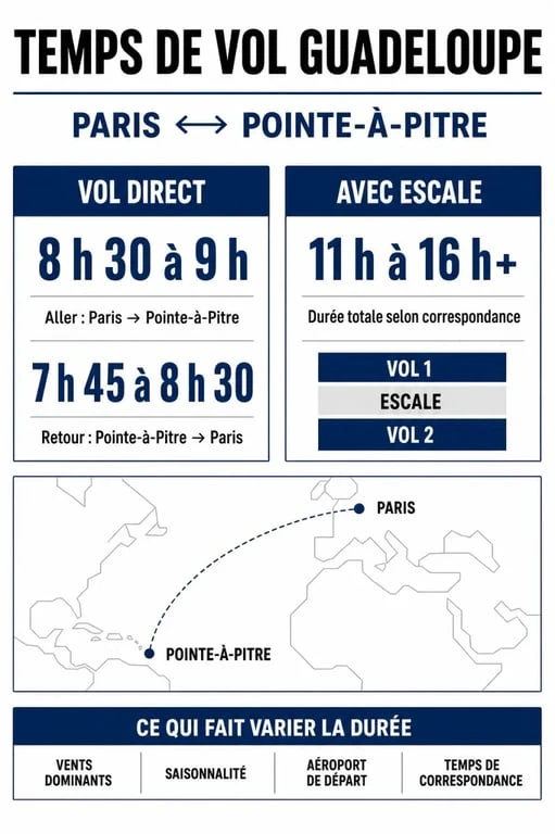 Infographie temps de vol guadeloupe entre Paris et Pointe-à-Pitre avec direct, escale et durées indicatives
