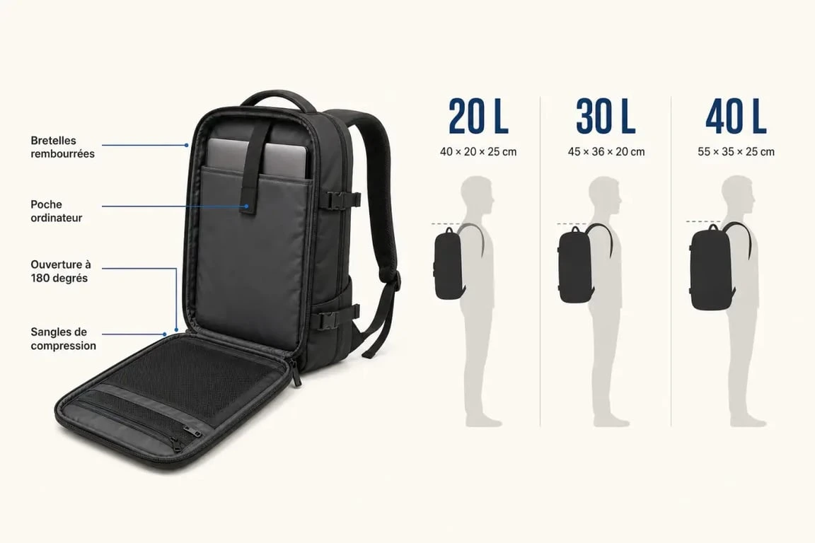 meilleur sac à dos voyage cabine : comparaison des formats 20 L, 30 L et 40 L et des dimensions autorisées