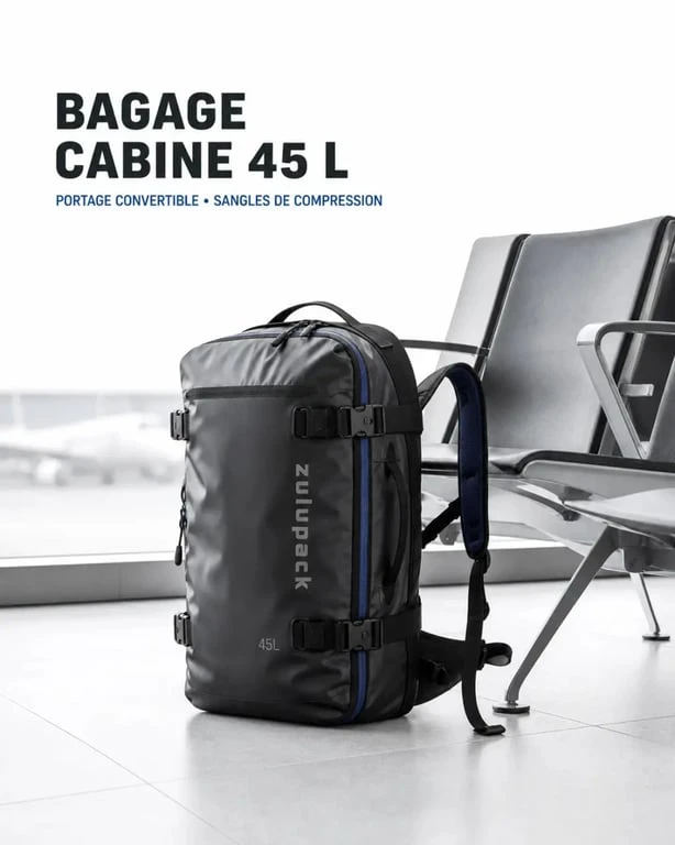 Sac cabine avion Zulupack 45L en situation à l’aéroport, format compact et portage convertible