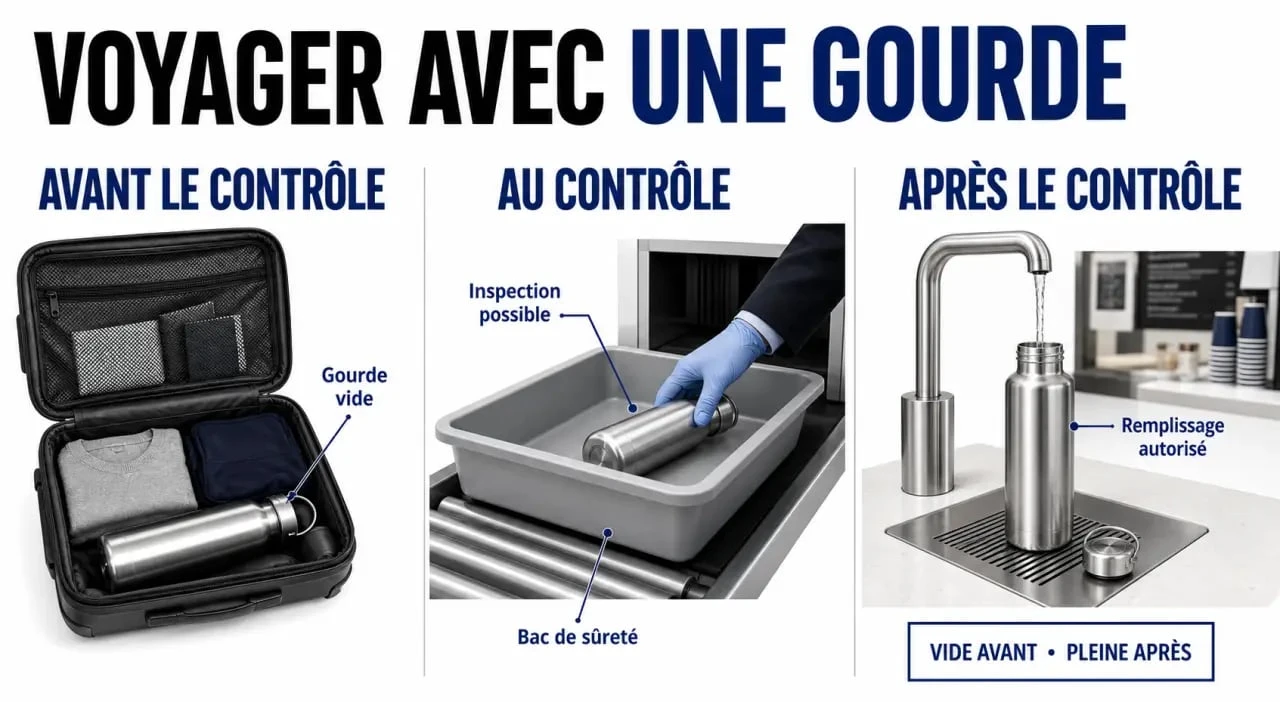 gourde bagage cabine : parcours avant contrôle, contrôle de sécurité et remplissage après la sécurité