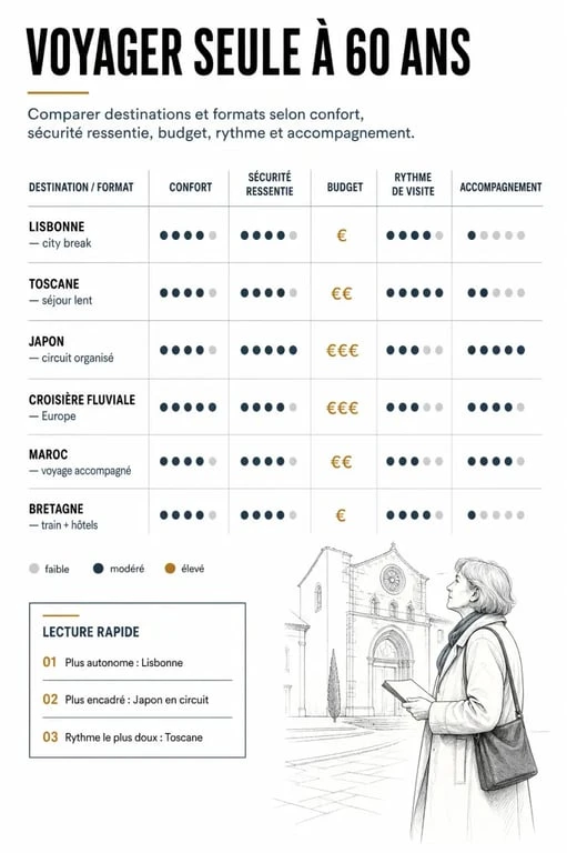 Voyager seule femme 60 ans : comparaison des destinations selon confort, sécurité et rythme