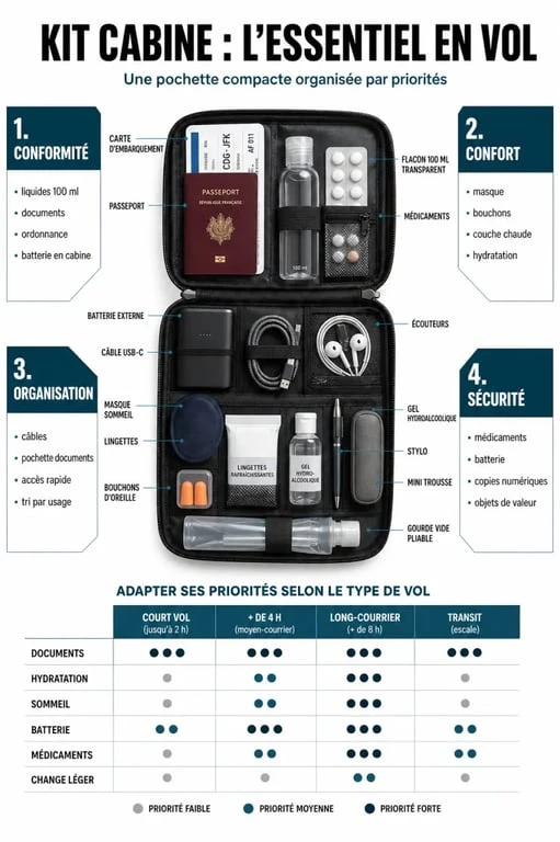 Kit pour voyager en avion : infographie des essentiels à emporter en cabine selon le type de vol