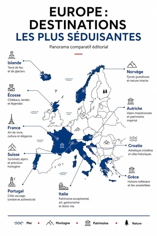 Infographie des plus beaux pays d europe avec comparaison des paysages, de la mer, de la montagne et du patrimoine