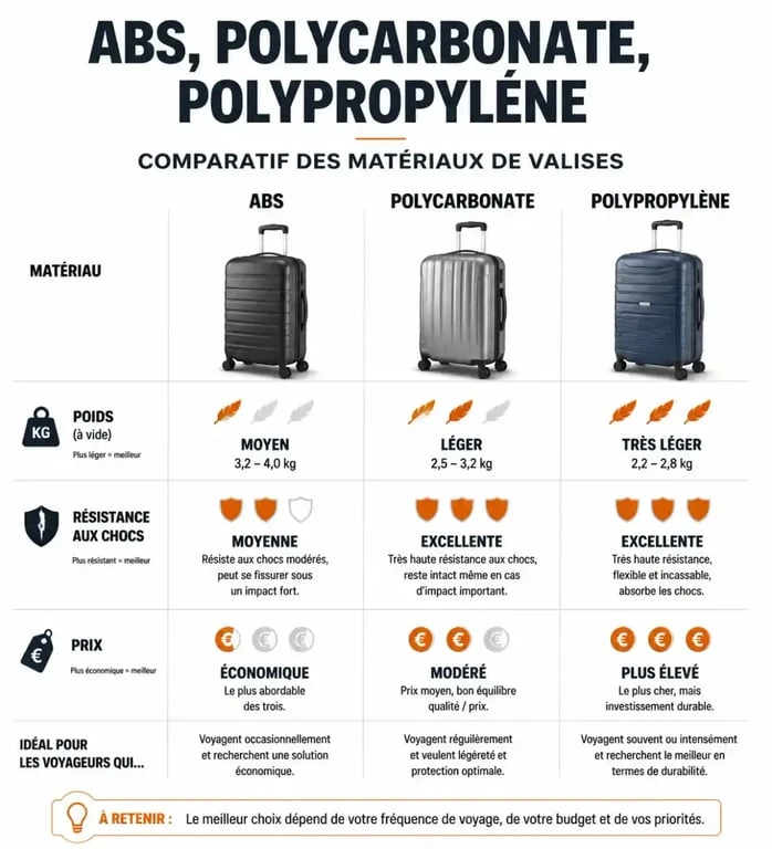Comparatif des matériaux de bagagerie pas cher : ABS, Polycarbonate et Polypropylène