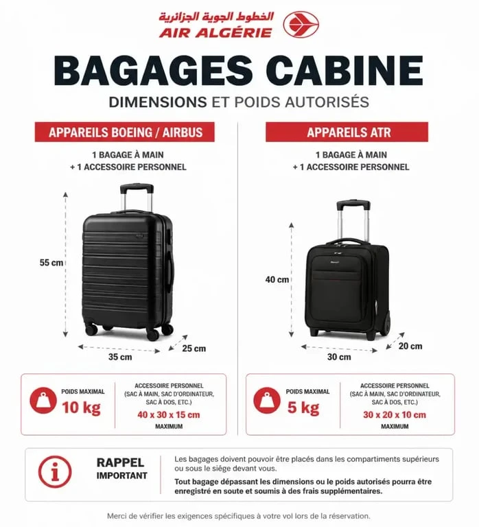 Tableau récapitulatif des dimensions et poids des bagages cabine Air Algérie pour différents types d'appareils