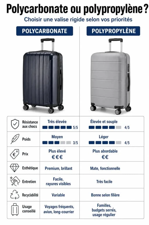 Valise polycarbonate ou polypropylène : comparaison visuelle des critères clés pour choisir la meilleure matière