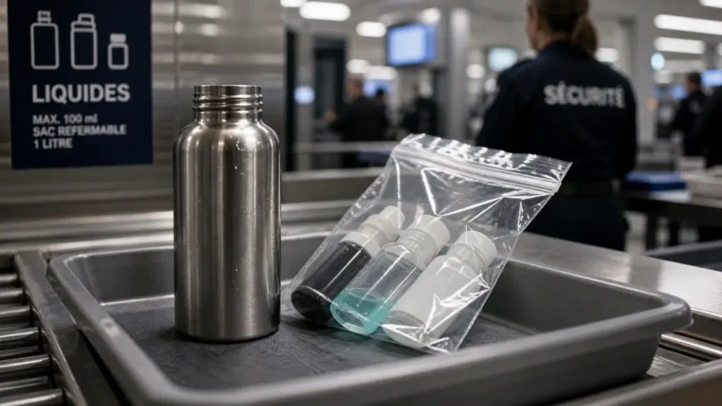 Gourde en bagage cabine : vide au contrôle, 100 ml pour les liquides, verre à éviter