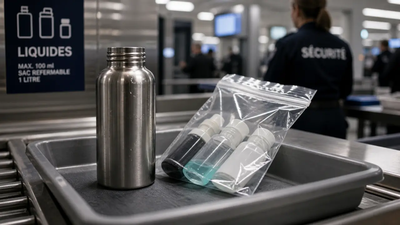 Gourde bagage cabine vide au contrôle, 100 ml liquides, sac transparent