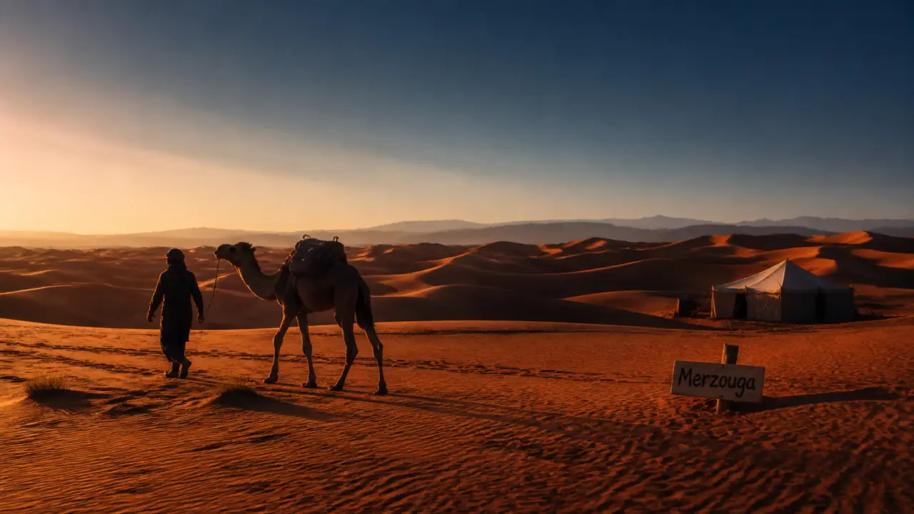 Maroc paysage : dunes de Merzouga, sentier et tente au coucher du soleil
