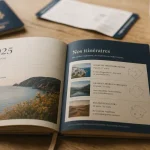 Brochure voyage 2025 ouverte sur table en bois, itinéraires et services