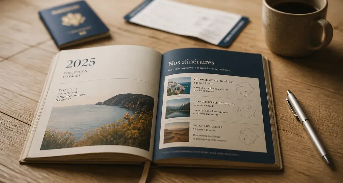 Brochure voyage 2025 ouverte sur table en bois, itinéraires et services