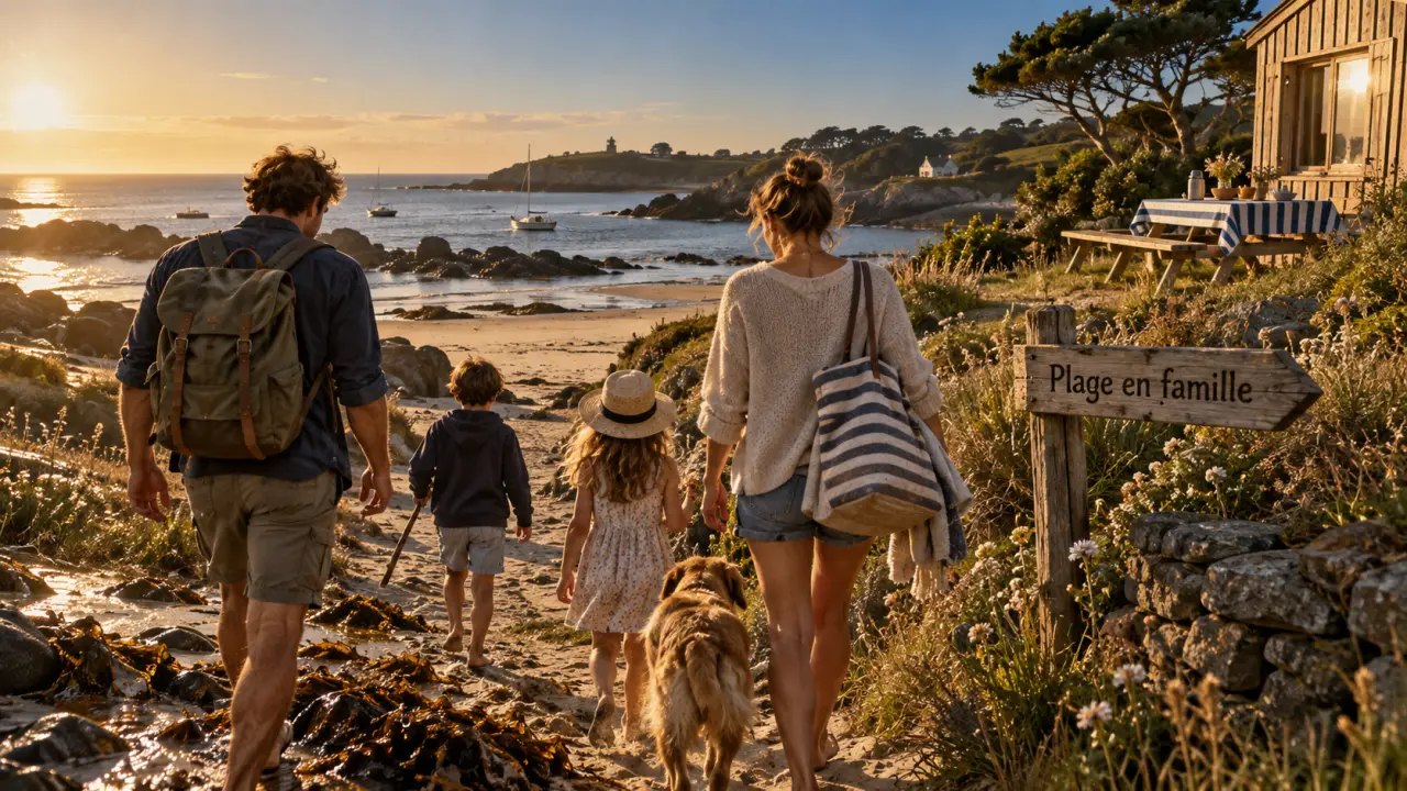 Destination ideale vacances en famille France : famille sur le sentier côtier en Bretagne, plage en vue