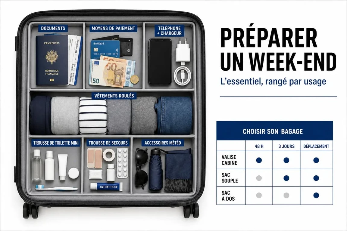 Liste valise week end illustrée avec valise ouverte, vêtements roulés et accessoires de voyage