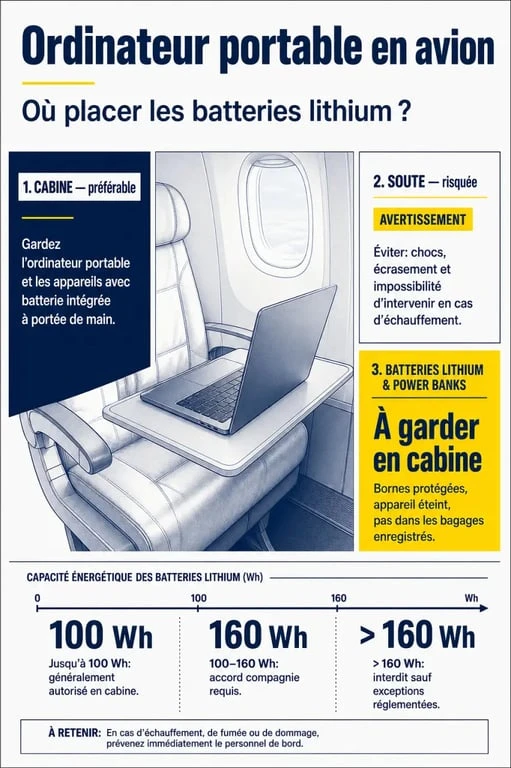 Ordinateur portable dans avion : cabine, soute et règles batteries lithium en visuel comparatif