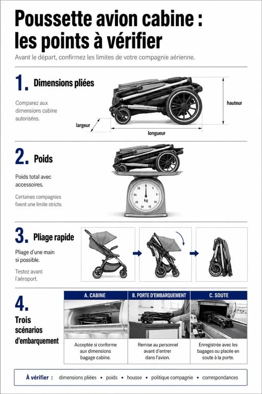 Infographie poussette avion cabine : dimensions à vérifier, poids, pliage et scénarios d’embarquement