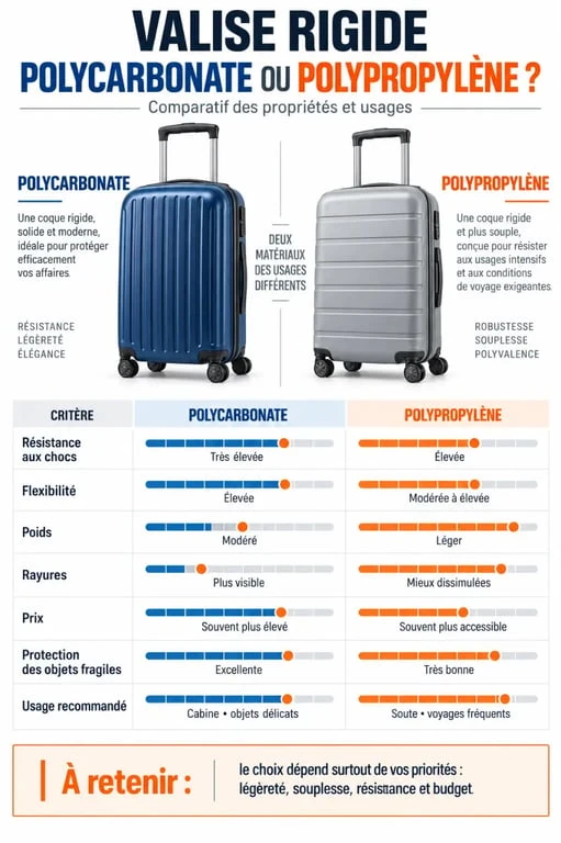 Infographie comparative pour choisir une valise en polycarbonate ou polypropylene selon la résistance, le poids et l’usage