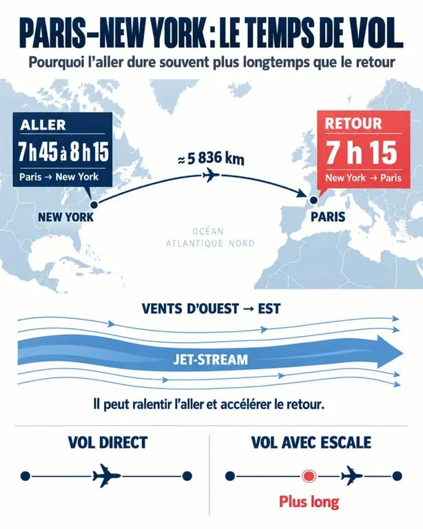 Infographie du temps de vol Paris-New York avec distance, durées aller-retour et effet du jet-stream