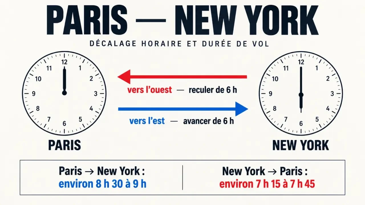Temps Paris New York avion : décalage horaire et durée du vol aller-retour