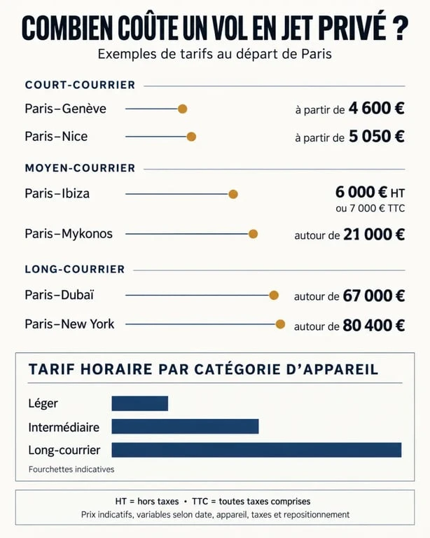 Infographie sur le prix d’un vol en jet privé selon les itinéraires et les catégories d’appareils