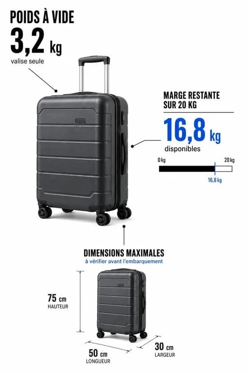 Infographie valise 20 kg montrant le poids à vide, la marge restante et les dimensions à vérifier avant le départ