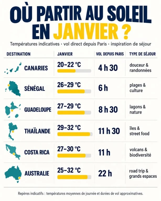 Infographie comparative des destinations pour un voyage au soleil en janvier