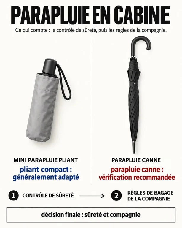 Infographie comparative sur le parapluie cabine avion pliant et le parapluie canne