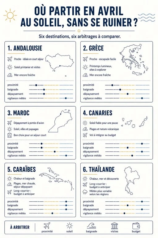 Infographie pour savoir où partir en avril pas cher au soleil selon la météo, la baignade et la durée du séjour