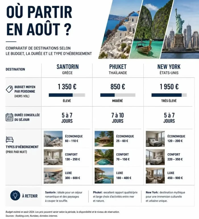 Tableau comparatif des destinations pour un voyage pas cher en aout