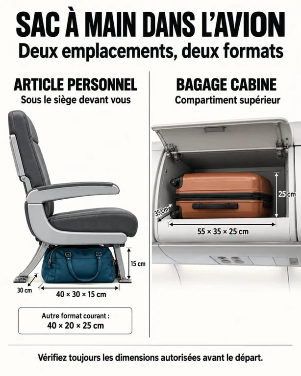 Infographie sur le sac à main dans l’avion et les dimensions de l’article personnel