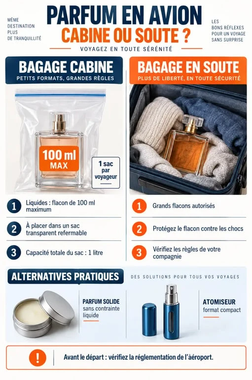 Infographie sur le parfum en avion : règle des 100 ml, sac de liquides et transport en soute