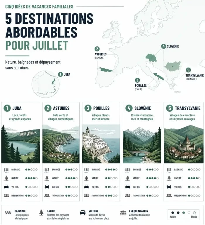 Où partir en juillet en famille pas cher : comparaison du Jura, des Asturies, des Pouilles, de la Slovénie et de la Transylvanie