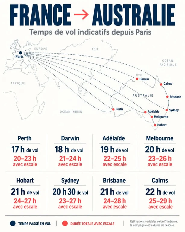 Temps de vol France-Australie selon la ville d'arrivée et la durée des escales