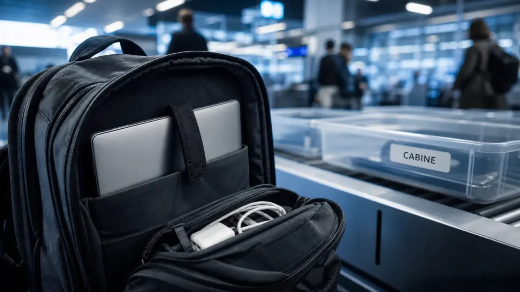 Ordinateur portable en avion : cabine, contrôle de sécurité et batterie lithium