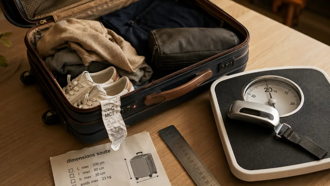 Valise 20 kg avec pèse-valise et étiquette de bagage