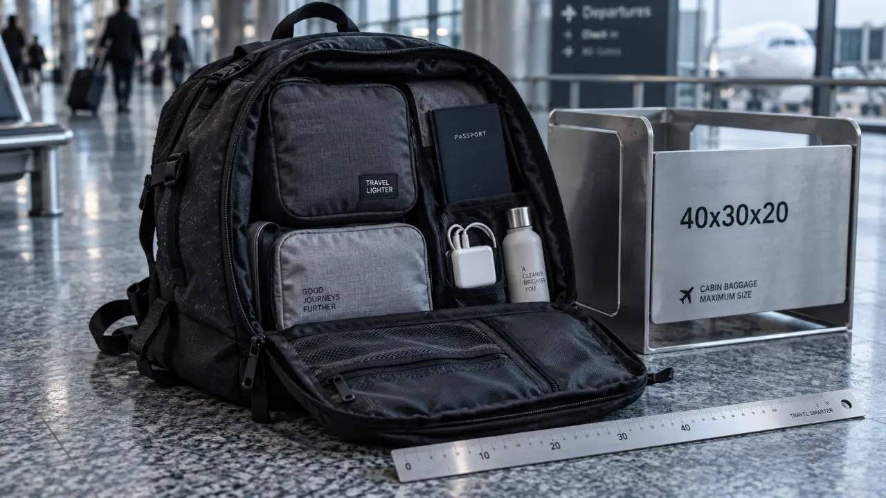 Valise cabine 40x30x20, sac et contrôle au gabarit
