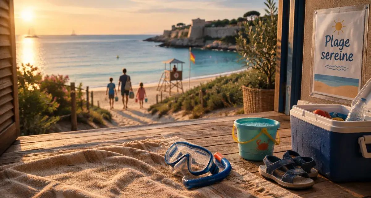 Destination pour voyage en famille : serviette, snorkeling et enfants vers une plage surveillée