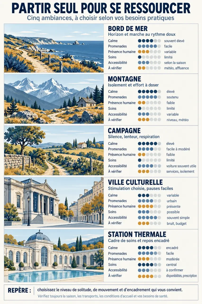 Infographie comparative des ambiances pour un séjour pour se ressourcer seul