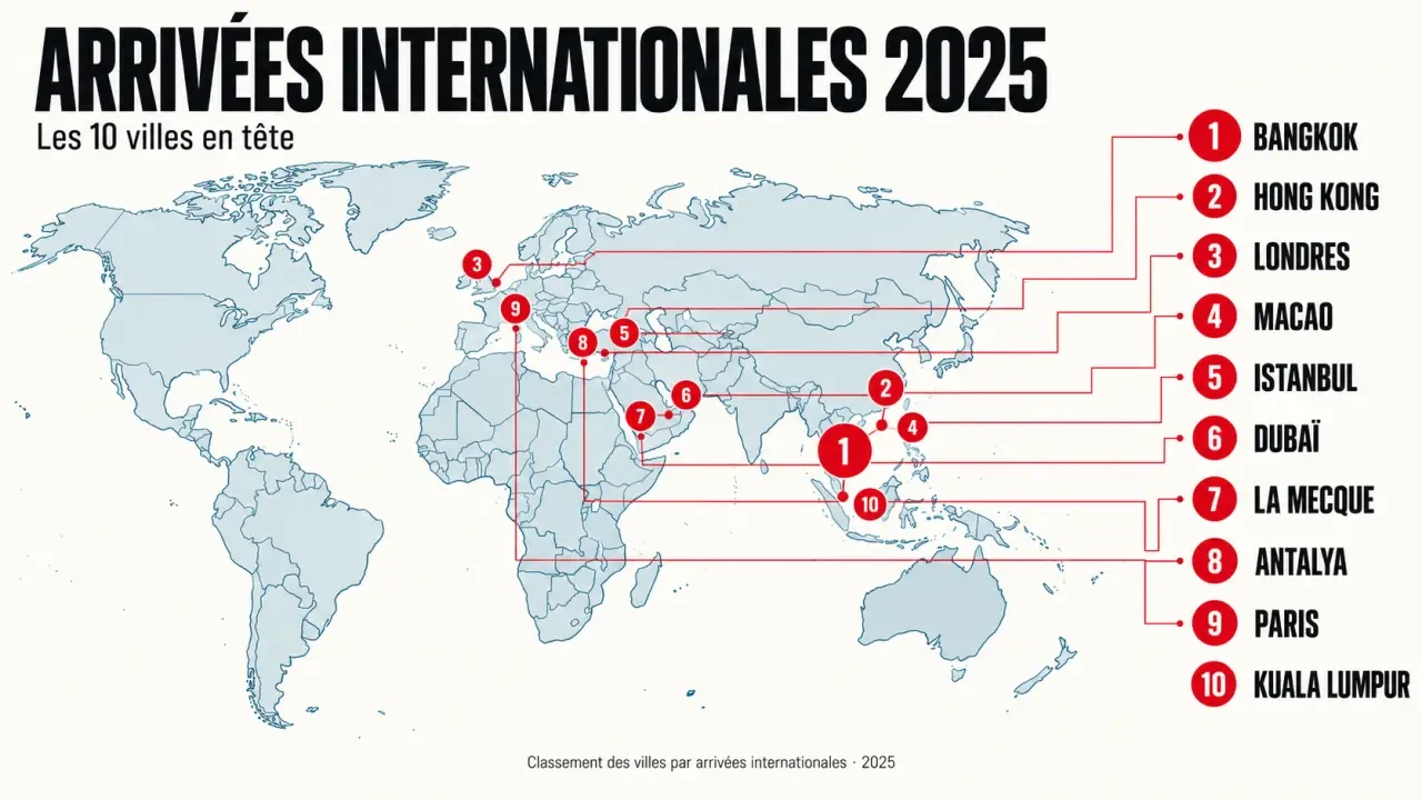 Infographie de la ville la plus visitée au monde 2025 et du classement des dix villes par arrivées internationales