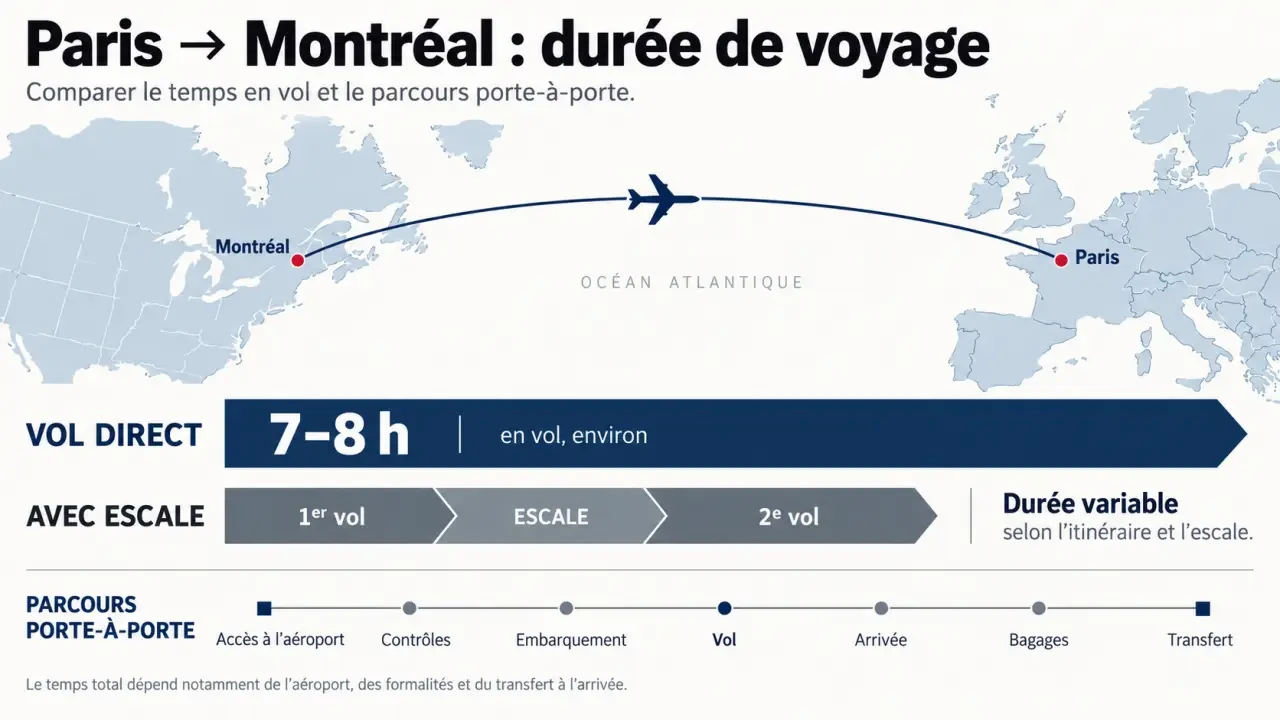 Infographie sur la durée de vol Paris Montréal avec comparaison entre vol direct et trajet avec escale
