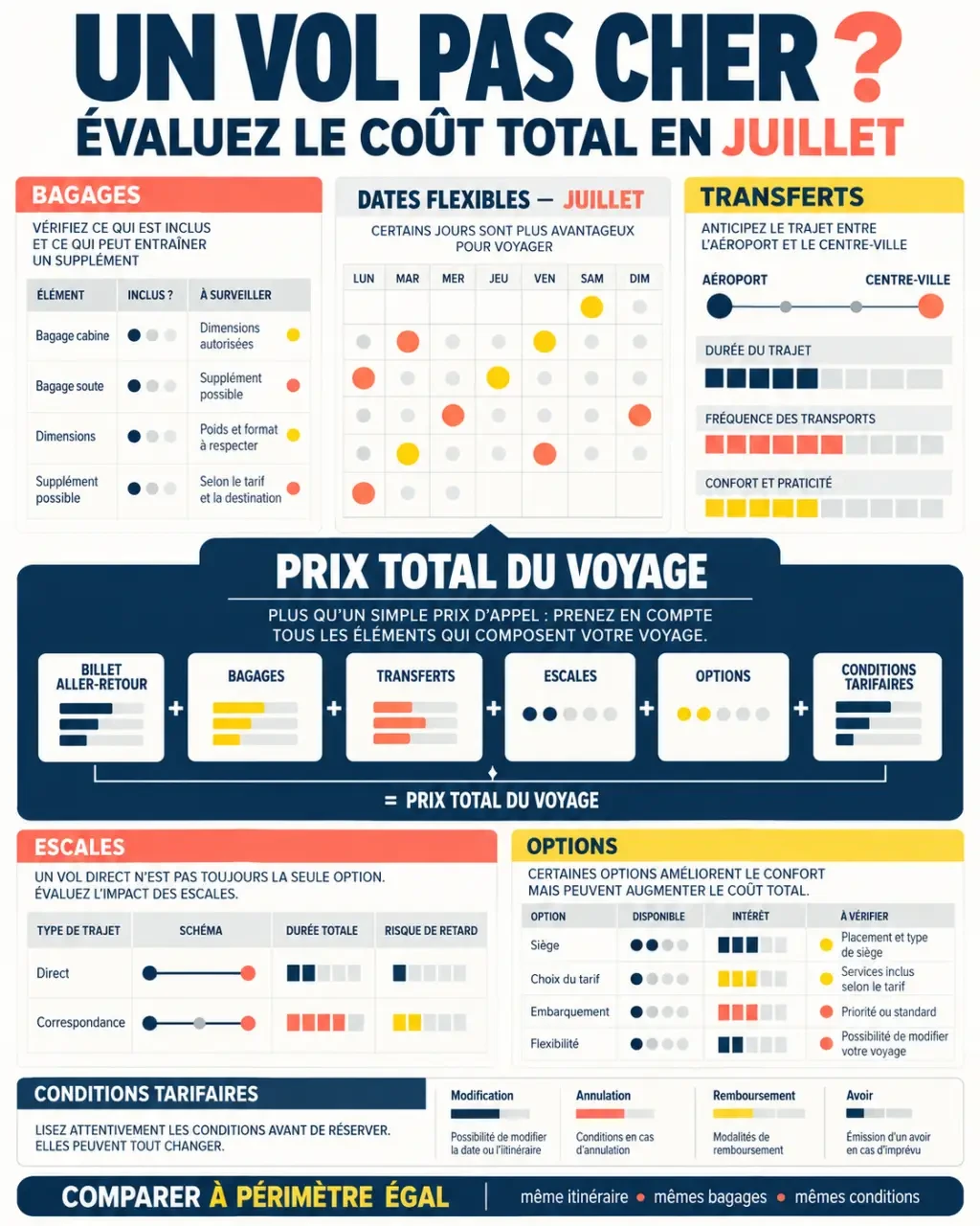 Infographie pour trouver un vol pas cher pour juillet en comparant le coût total