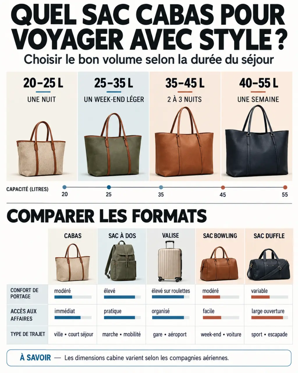Quel sac cabas femme choisir pour voyager avec style selon le volume et le moyen de transport